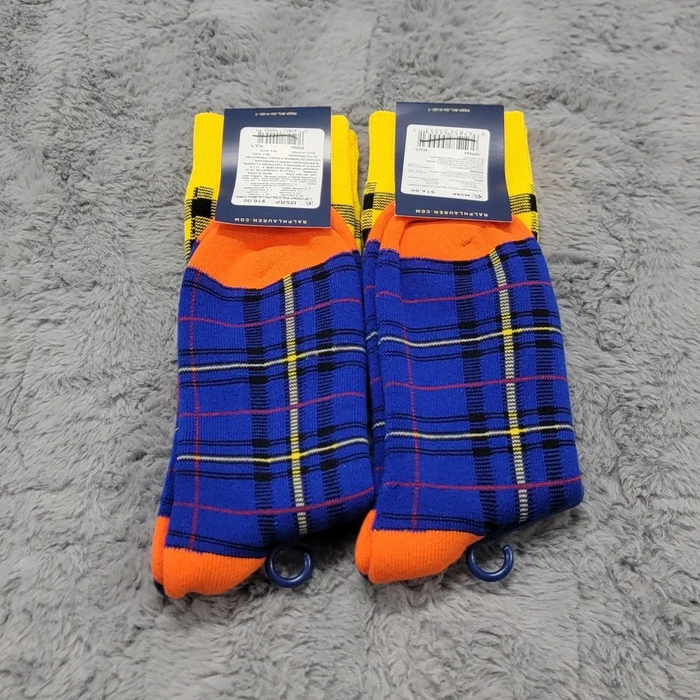 Polo Ralph Lauren Socks Mens 10-13 Patchwork Plaid Colorblock Pony Crew 2 Pairs